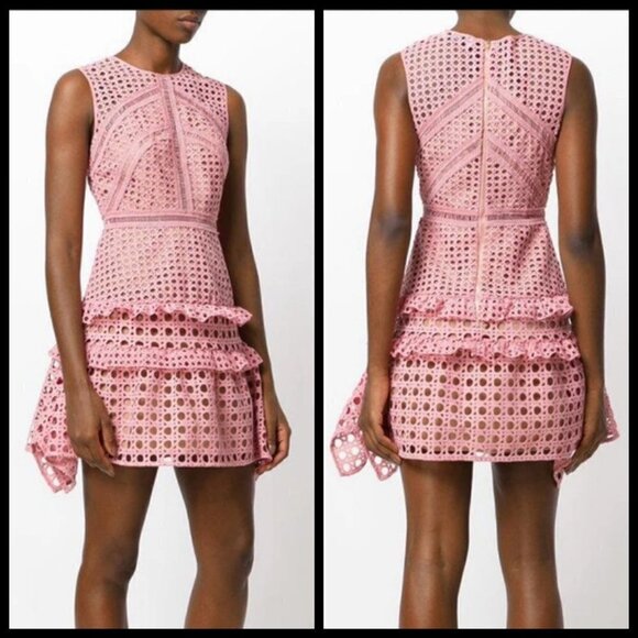 💕SELF-PORTRAIT💕 Crosshatch Frill Mini Dress ~ Guipure Lace Pink US 4 NWT - Picture 4 of 16